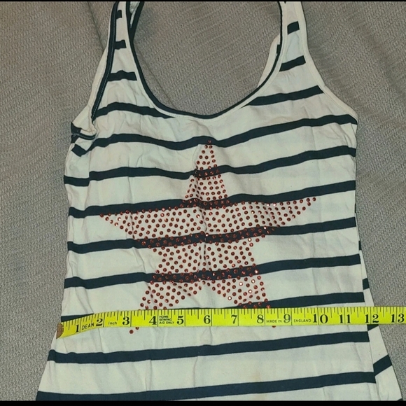 WOMAN'S BLUE STRIPED TANK SHIRT WITH USA RED RHINESTONE STAR SIZE SMALL - Picture 11 of 12